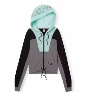 Victoria’s Secret PINK Colorblock Zip-Up Hoodie – Grey/Aqua/Black Fleece – Large
